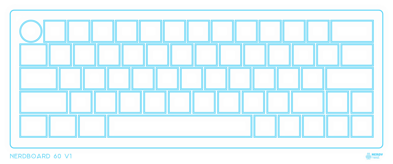 NerdBoard 60 v1 — a 60% mechanical keyboard rendered in glowing neon outline on a dark background